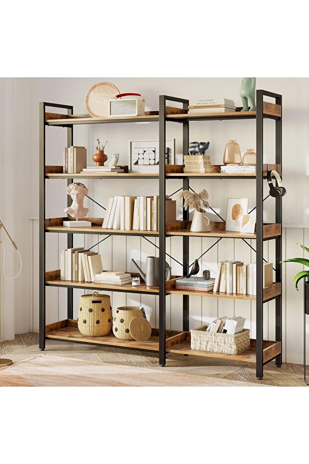 Bookshelf 5 Tier with 4 Hooks,165cm Industrial Wooden Bookcase with Open Shelves Metal Frame