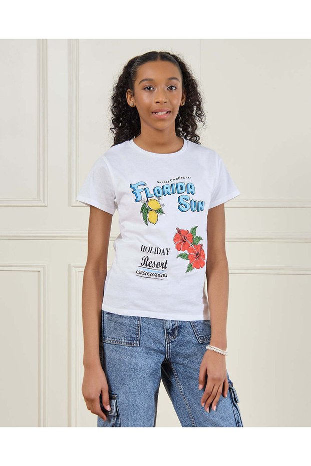 Senior Girls White And Blue Printed Short Sleeve T-Shirt