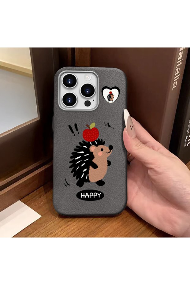 iPhone 14 Pro Compatible Gray Leather Textured Silicone Protects Camera Shock-Absorbing Case Hedgehog