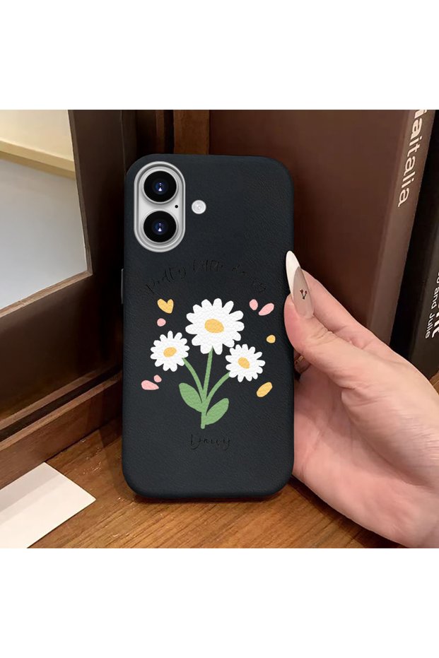 iPhone 16 Compatible Black Leather Textured Silicone Protects Camera Shock-Absorbing Case Flower