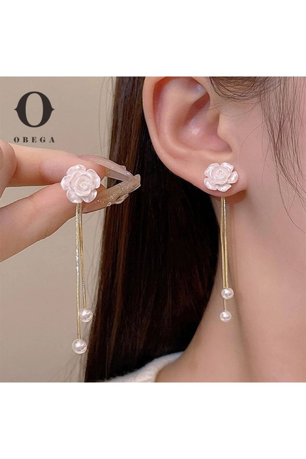 AEH60287 Obega Korean White Flower Imitation Pearl Stud Earrings Gold Color Tassel Super Fairy Long