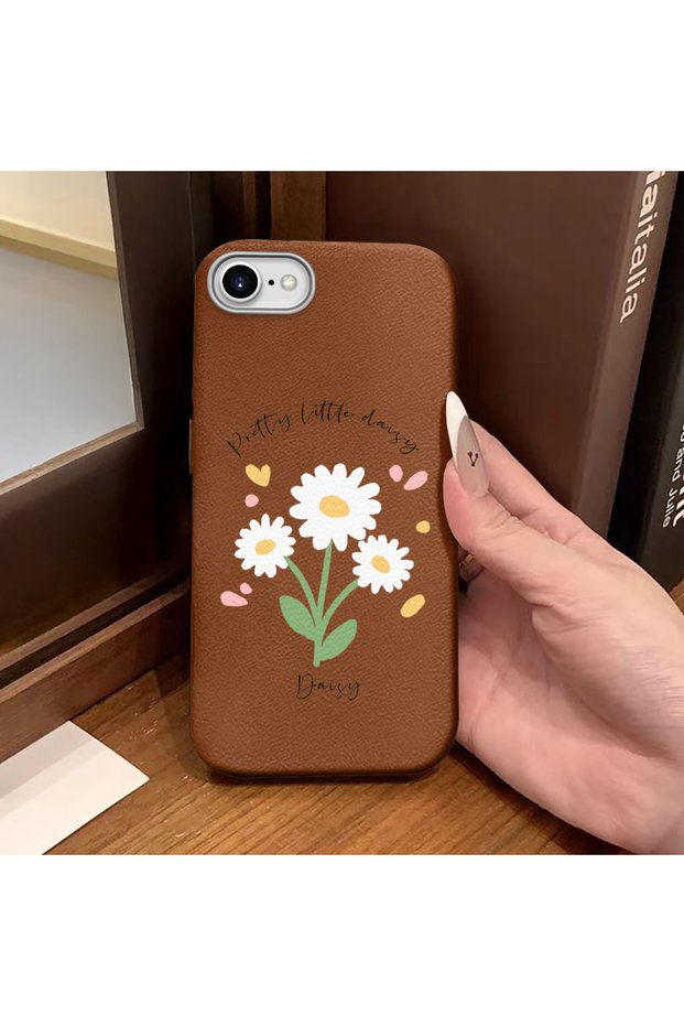 iPhone 7/8/Se 2020 2022 Compatible Brown Leather Textured Silicone Protects Camera Shock Absorbing Case Flower