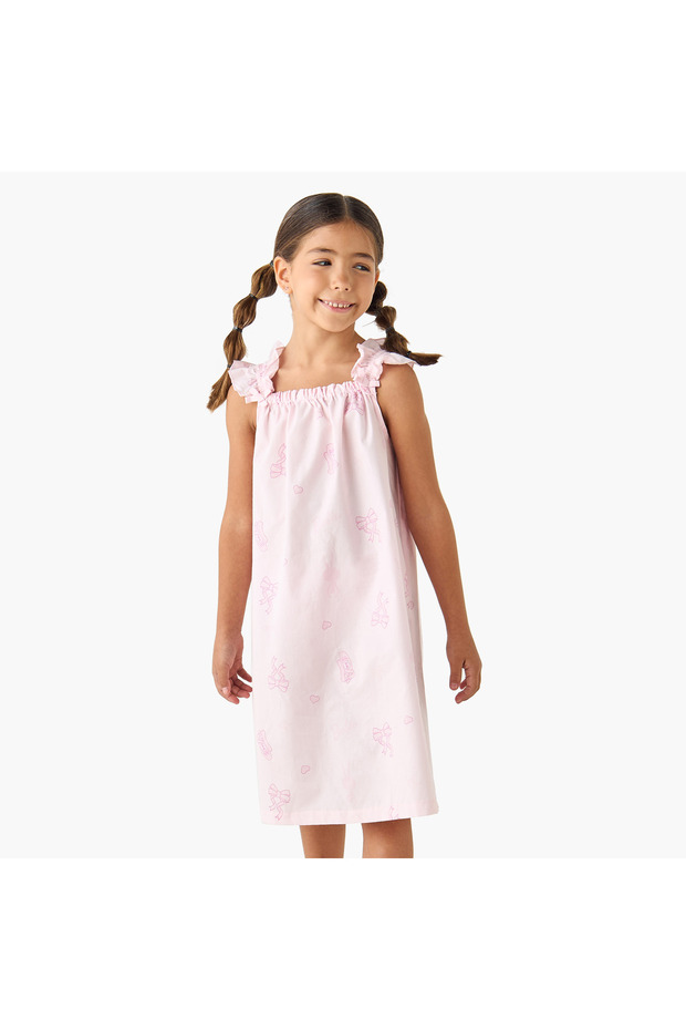 Bow Print Sleeveless Night Dress with Ruffle Detail