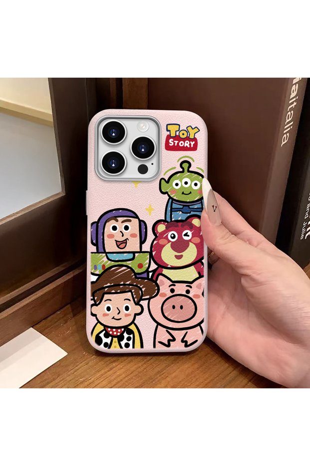 iPhone 15 Pro Max Compatible Pink Leather Textured Silicone Protects Camera Shock Absorbing Case Cartoon