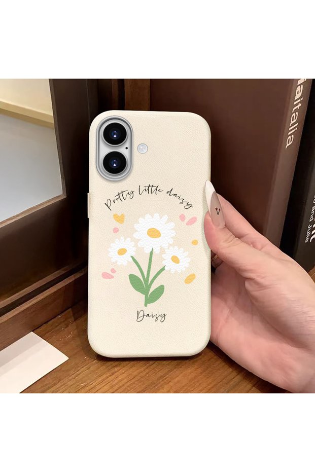 iPhone 16 Compatible White Leather Textured Silicone Protects Camera Shock-Absorbing Case Flower