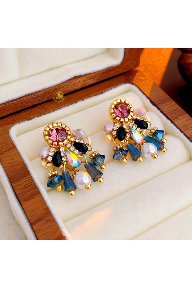 HE16483-1 Vintage Colorful Rhinestone Water Drop Earring for Women Imitation Pearl Crystal Beads Ear