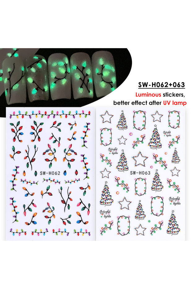 SW-H062 063 2pcs Luminous Christmas Light Nail Sticker Simple Xmas Tree Star Adhesive Decals Glow In