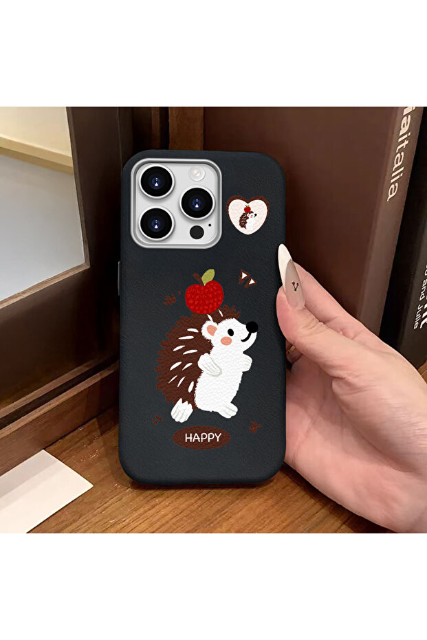 iPhone 15 Pro Compatible Black Leather Textured Silicone Protects Camera Shock-Absorbing Case Hedgehog