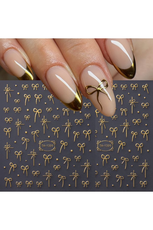 2pcs TH-1399 2pcs Golden Ribbon Bow Nail Art Stickers Charms Nail Decal Sticker Adhesive Sliders Nai