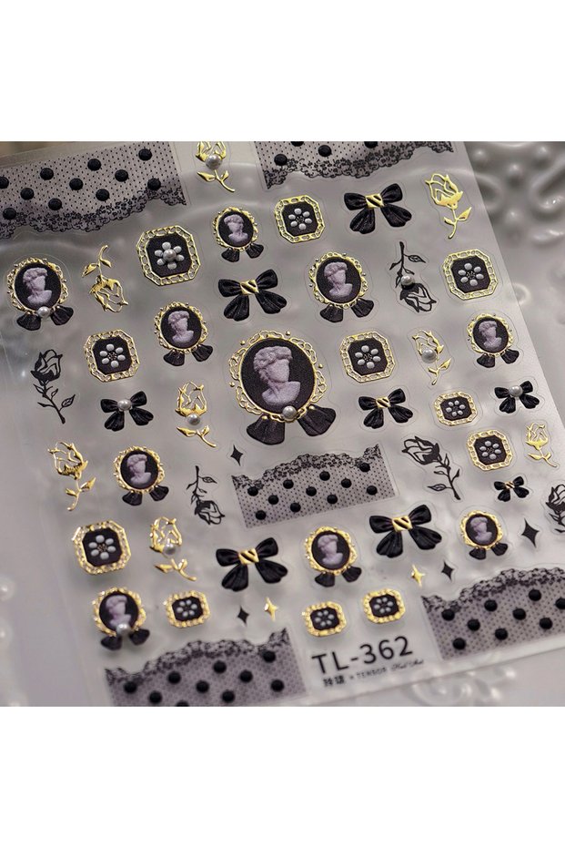 Choice TL362 Elegance 5D Nail Art Sticker Lace Trim Border Black Bowknot Gold Hollow Rose Flower Pea