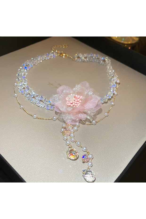 Multi-layer necklace 2pcs Imitation Pearl Crystal Tassel Earrings Pink Mesh Flower Pendant Necklace
