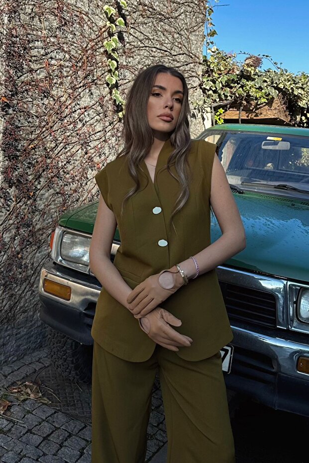 Women's Khaki Double Pocket Buttoned Vest Vs00680