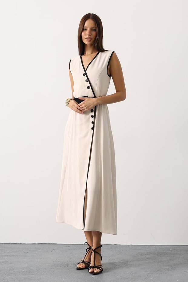 Women's Beige Contrast Detailed Buttoned Belted Midi Length Dress Vs01144