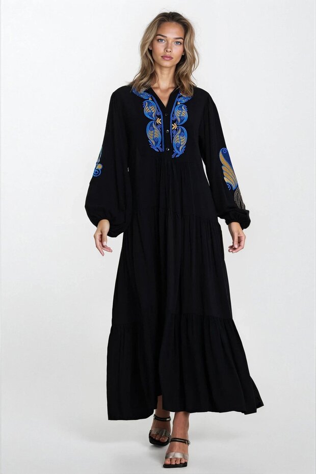 Women's Black Half Placket Button Closure Plus Size Viscose Dress Vs00328