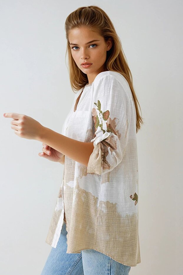 Beige Hakim Collar Floral Patterned Linen Shirt Vs01444
