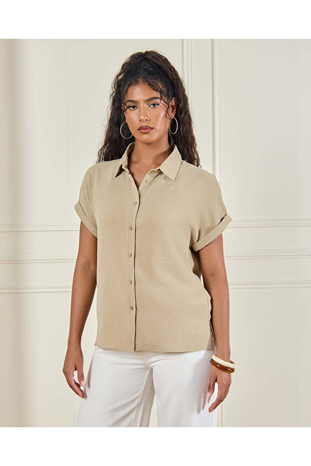 Women Beige Textured Button Front Collared Shirt