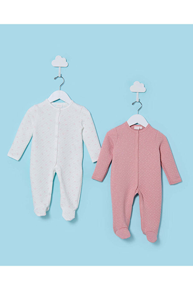 Baby White And Pink Jacquard Sleepsuit Set (2 Piece)