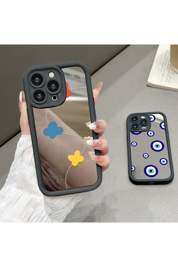 حافظة مرآة متوافقة مع آيفون 15 بلس، تصميم خاص من السيليكون مع نمط مميز وحماية كاملة - 7