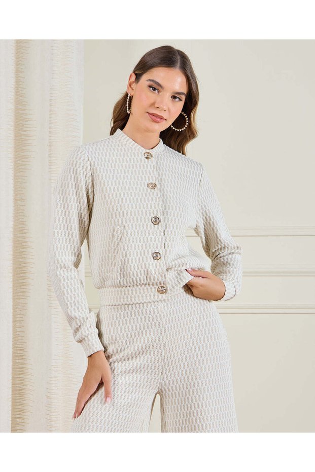 Women Ivory Structured Bomber Jacket With Lurex