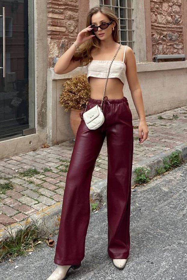 Burgundy Elastic Waist and Lace-Up Faux Leather Palazzo Trousers Vs01395