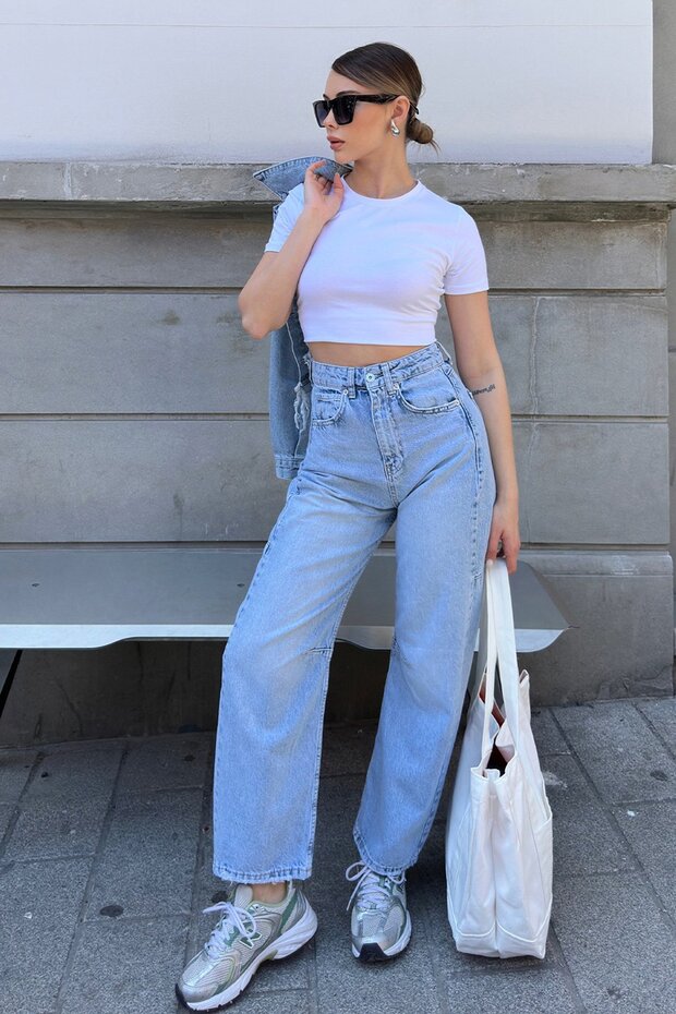 Women's Ice Blue 5 Pocket Baggy Jean Trousers V00044-B