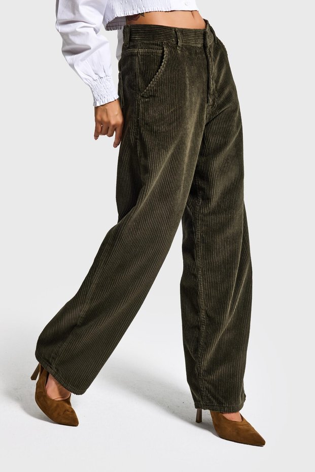 Women's Khaki Juniper 26W5-15 Skater Fit Corded Fabric Velvet Velvet Fabric Trousers