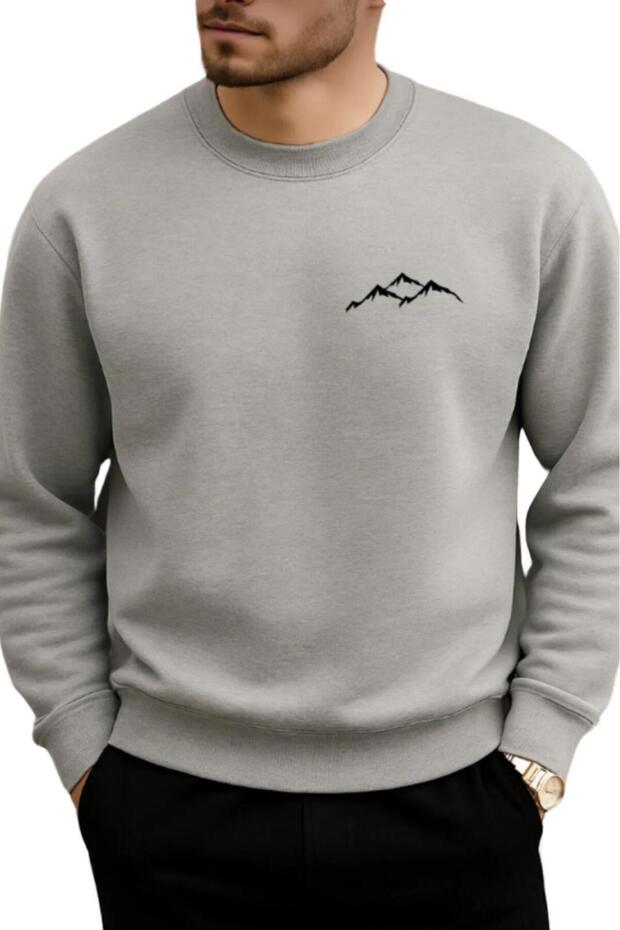 Men's Gray Dağ Printed Crew Neck Sweatshirt