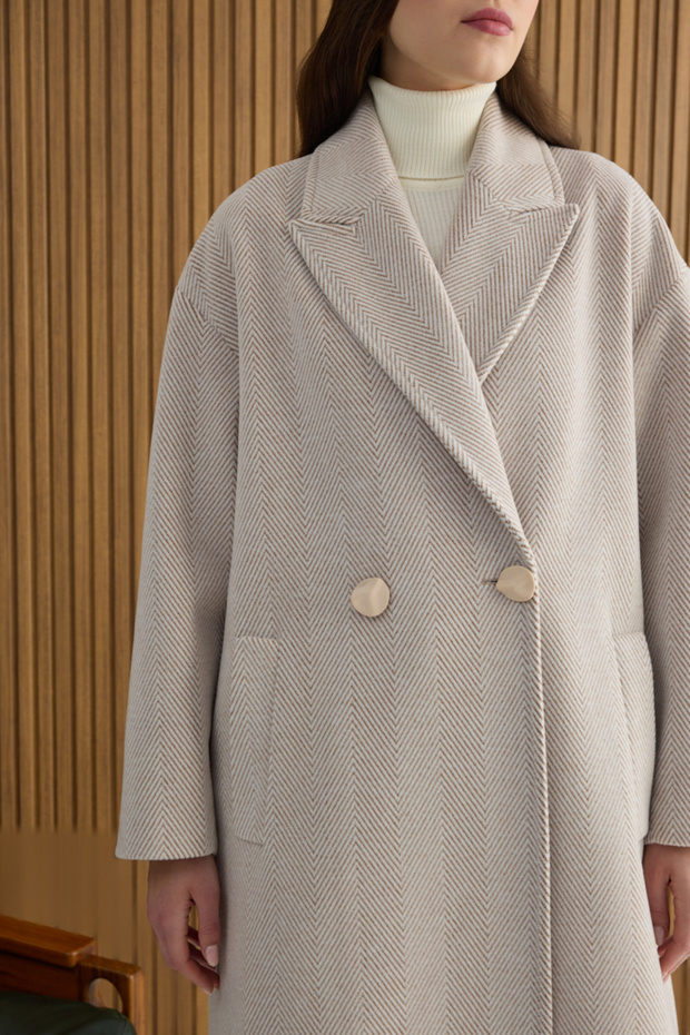 Beige Herringbone Patterned Coat - 4
