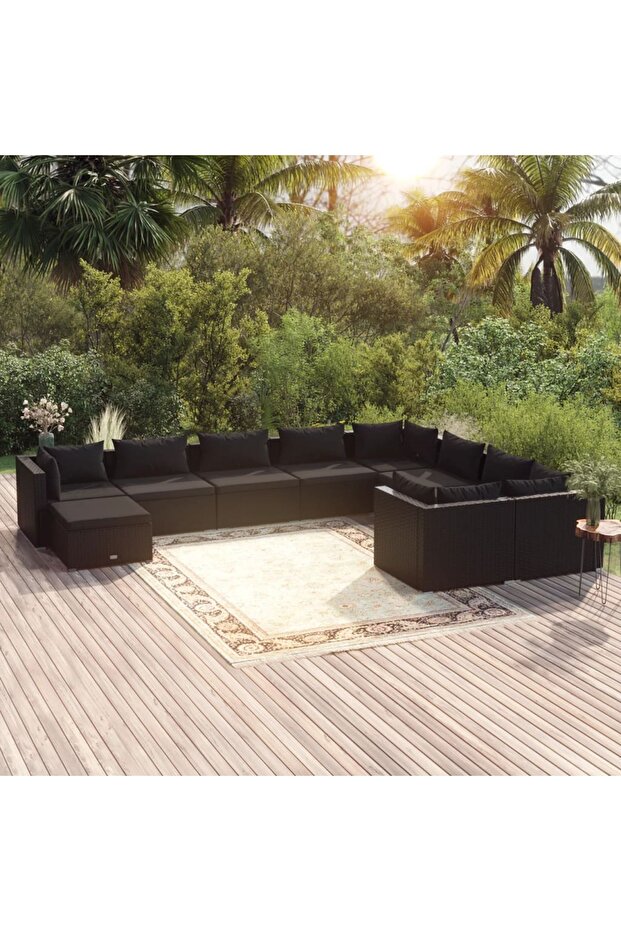 10 Piece Garden Lounge Set with Cushions Poly Rattan Black