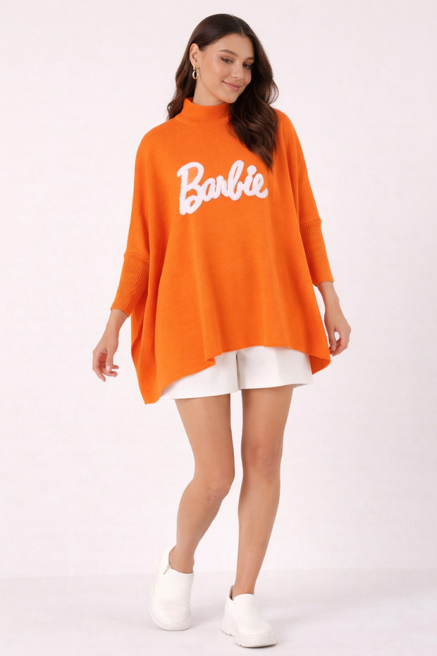 Women's Orange Slit Barbie Knitwear Poncho