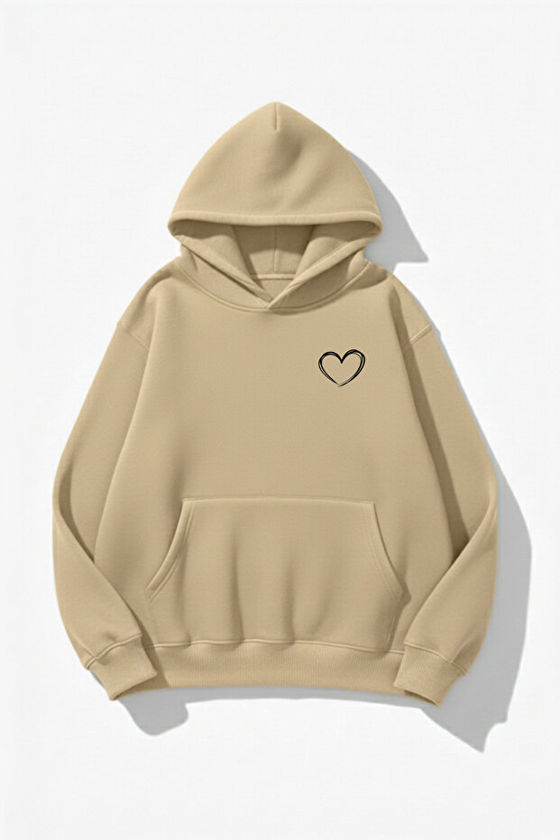 Unisex Soft Textured Pocket Heart Printed Design Oversized 3 Thread Hoodie Sweatshirt
