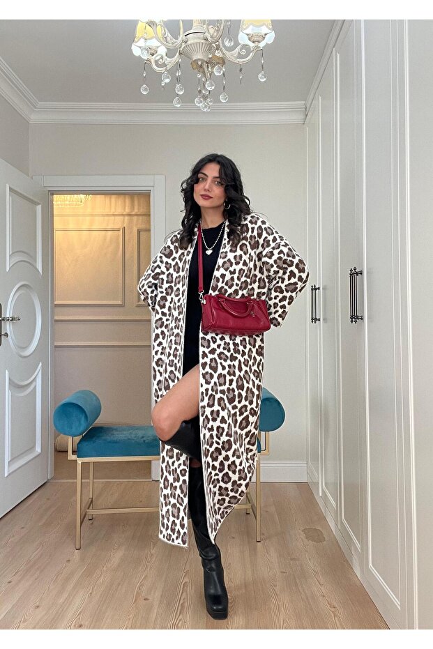 Leopard Patterned Angora Maxi Length Cardigan Ecru - 3115
