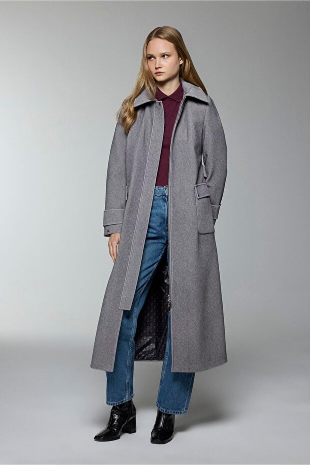 Women's Hooded Belt Detailed A.Grey Coat 13925
