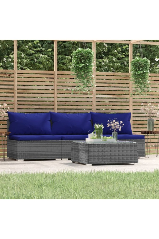 4 Piece Garden Lounge Set with Cushions Grey Poly Rattan