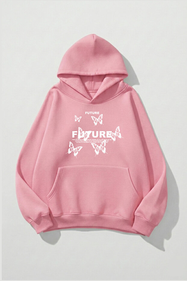 سويت شيرت بقلنسوة ناعم الملمس للجنسين من Future Butterfly مطبوع Design قصة فضفاضة 3 Thread