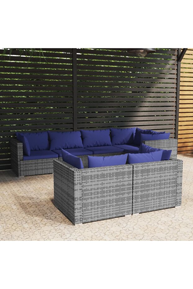 7 Piece Garden Lounge Set with Cushions Grey Poly Rattan