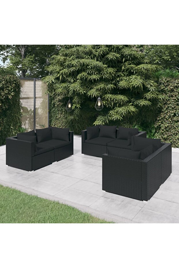 6 Piece Garden Lounge Set with Cushions Poly Rattan Black