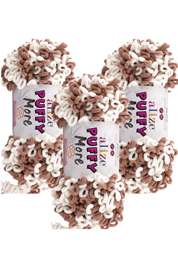 Puffy More Hand Knitting Yarn 3 Pieces – 6261 Brown White – 150 Gr. 11.5 Meters. – Blanket, Scarf, Vest