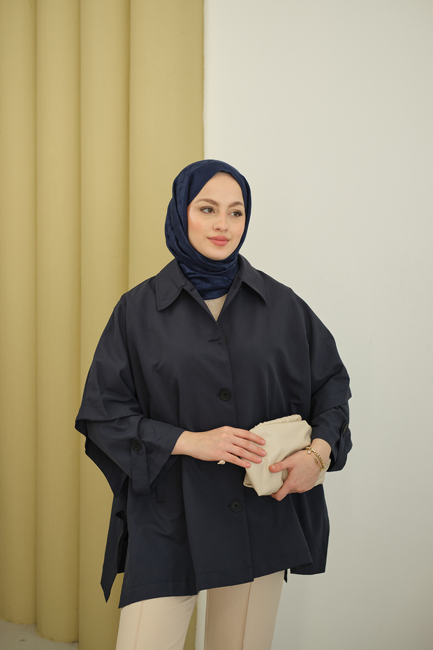 Women's Cape Sleeve Short Trench Navy Blue