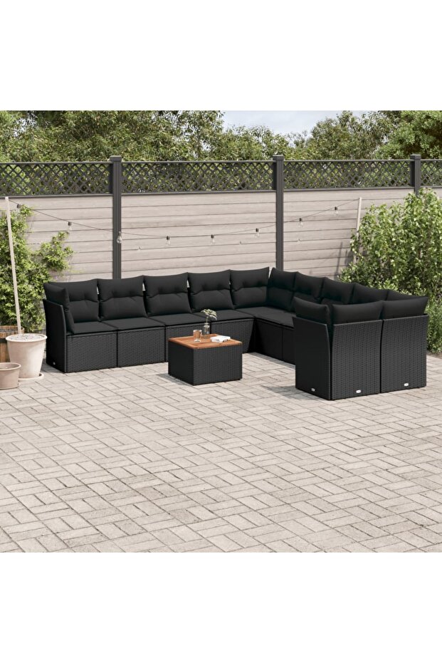 11 Piece Garden Sofa Set with Cushions Black Poly Rattan