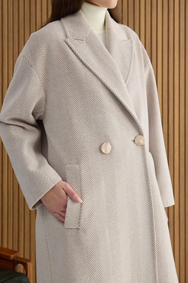 Beige Herringbone Patterned Coat - 5