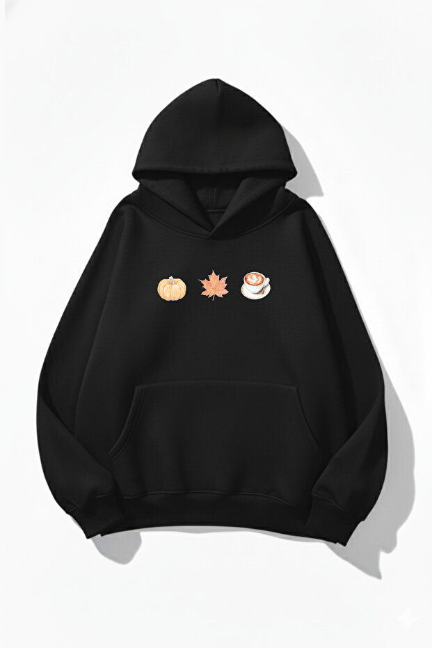 Unisex Soft Textured Pumpkin Spice & Cozy Vibes Printed Design Oversized 3 Thread Hoodie Sweatshirt