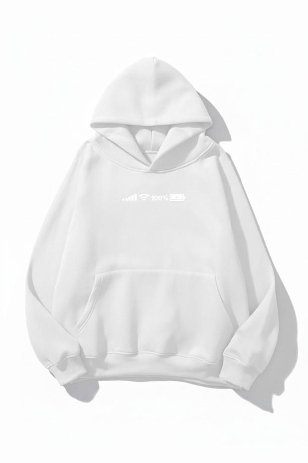 Unisex Soft Textured Phone's Icons Printed Design Oversize 3 Thread Hoodie Sweatshirt