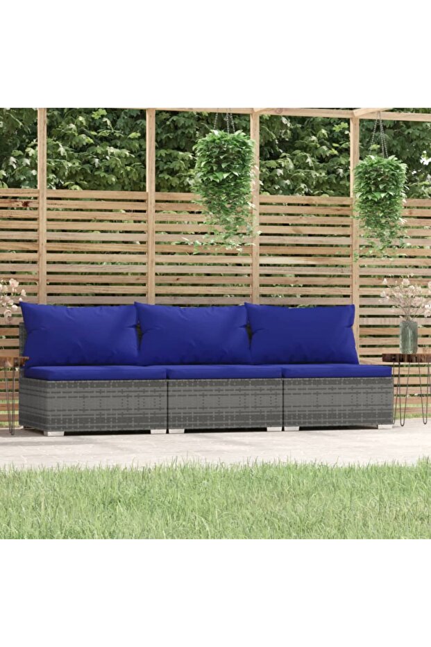 3-Seater Sofa with Cushions Grey Poly Rattan