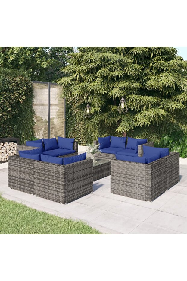 9 Piece Garden Lounge Set with Cushions Poly Rattan Grey