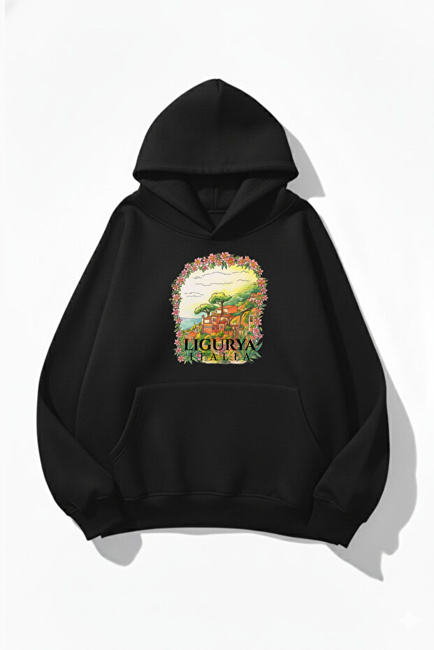 Unisex Soft Textured Italy Ligurya Printed Design Oversized 3 Thread Hoodie Sweatshirt