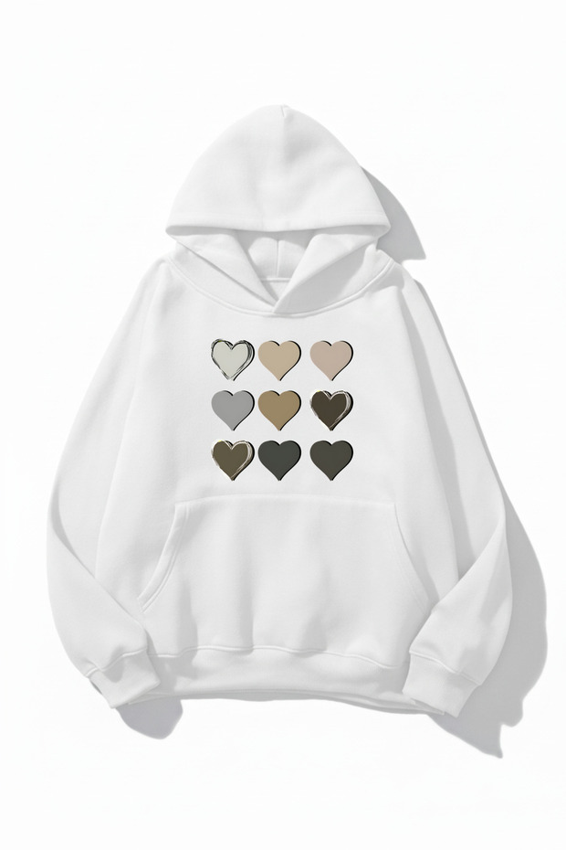 Unisex Soft Textured 9-Piece Heart Printed Design Oversized 3 Thread Hoodie Sweatshirt