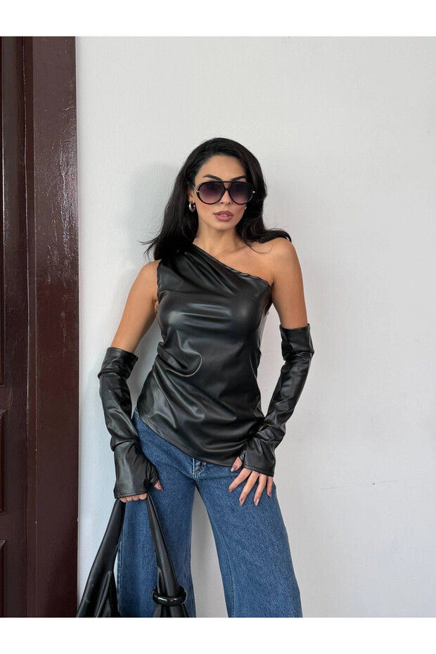 Women's Black One Shoulder Asymmetrical Cut Glove Detail Leather Blouse Hzl25W-Fry123641