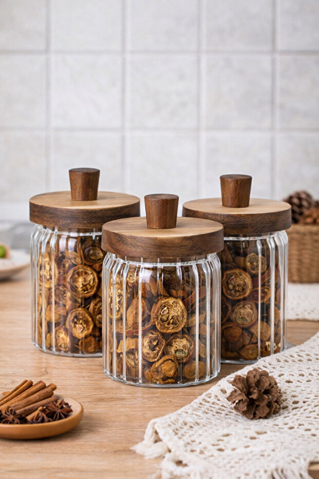 Set of 3 Glass Jars with Wooden Handle and Lid | 450 ml + 450 ml + 450 ml | Food Storage Jar