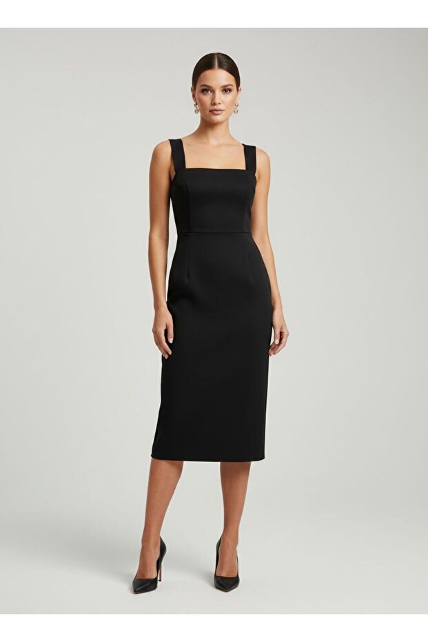 Kare Yaka Midi Elbise - 1